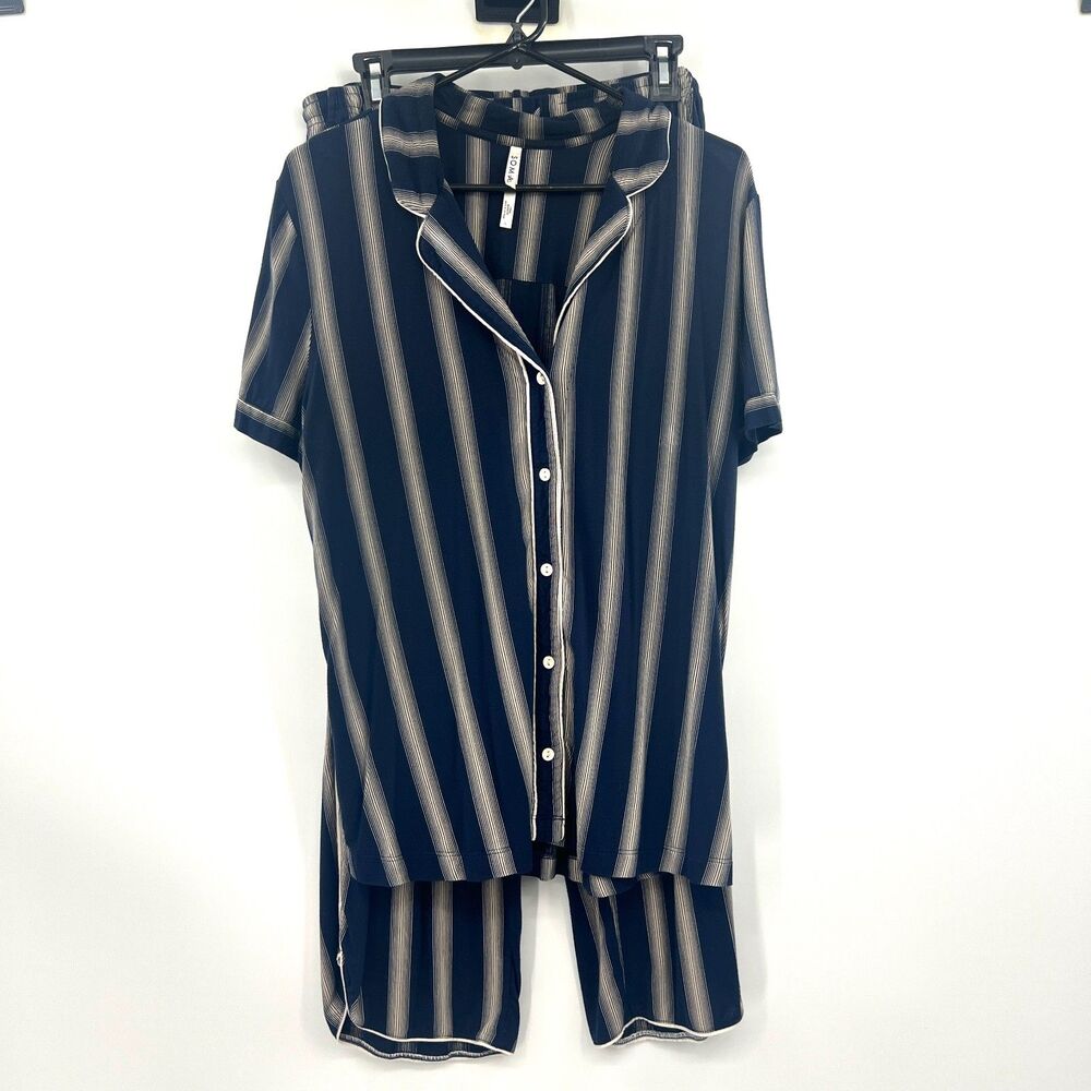 Soma Cool Nights Pajama Set Navy Striped Short Sleeve Top L Wide Leg Pants M